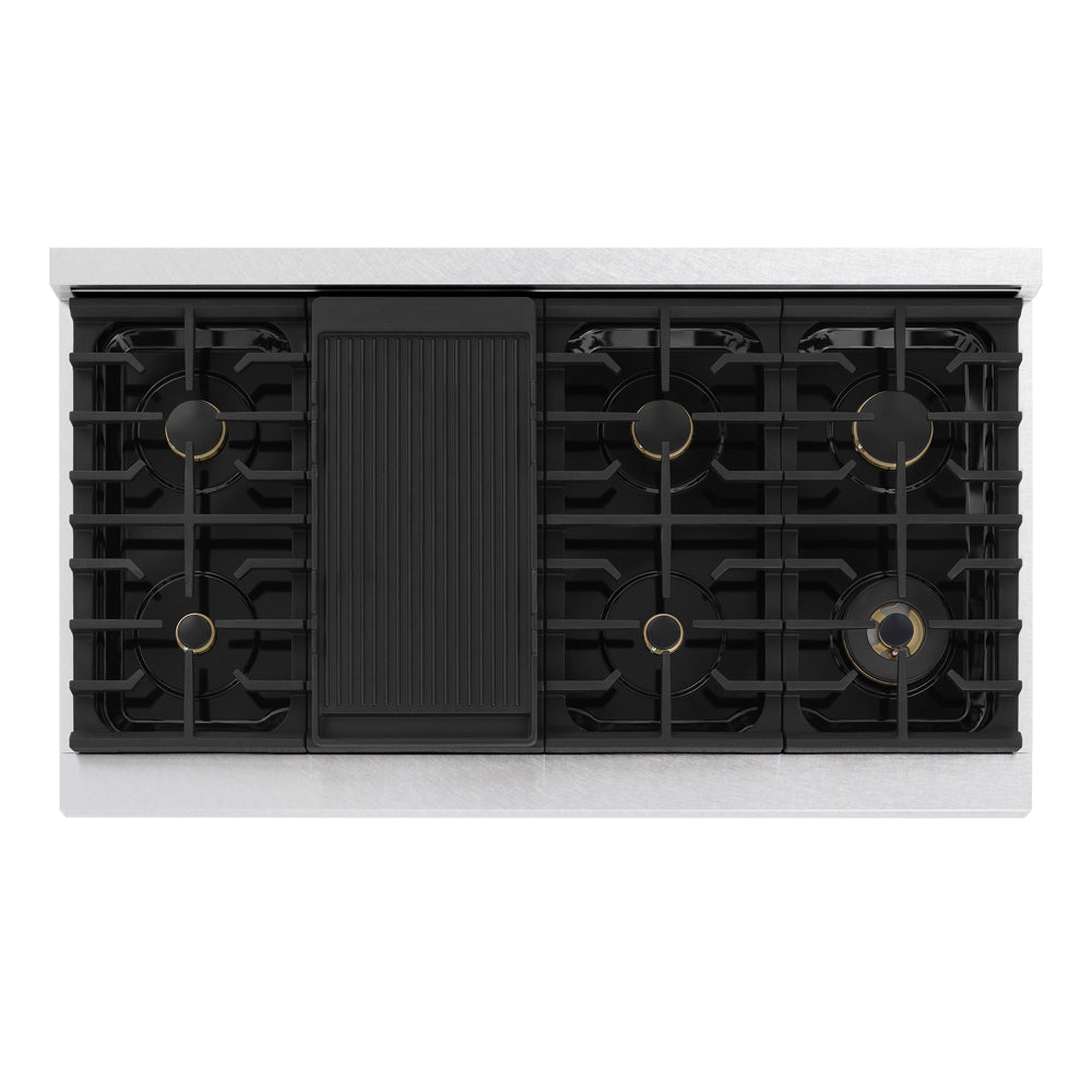 ZLINE 48 in. 6.7 cu. ft. Marino Double Oven Dual Fuel Range in Satin Stainless Steel with 8 Brass Burners (MDRS-BR-48) top-down, above cooking surface.