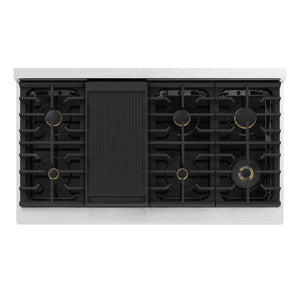 ZLINE 48 in. 6.7 cu. ft. Marino Double Oven Dual Fuel Range in Satin Stainless Steel with 8 Brass Burners (MDRS-BR-48) top-down, above cooking surface.