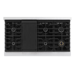 ZLINE 48 in. 6.7 cu. ft. Marino Double Oven Dual Fuel Range with 8 Burner Gas Cooktop in Satin Stainless Steel with White Matte Doors (MDRS-WM-48) top-down, above cooking surface.