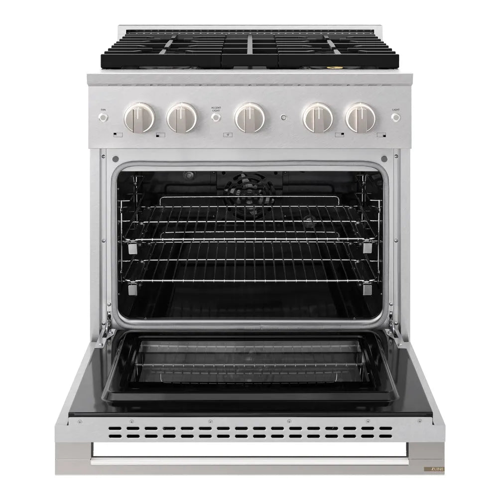 ZLINE 30 in. 4.2 cu. ft. Marino Dual Fuel Range with 4 Burner DuoPro™ Cooktop and Electric Convection Oven in Satin Stainless Steel (PMDRS-30) front, oven open.