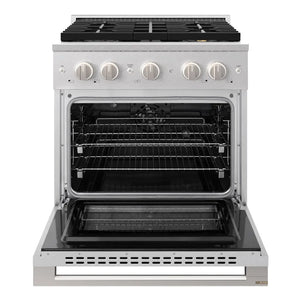 ZLINE 30 in. 4.2 cu. ft. Marino Dual Fuel Range with 4 Burner DuoPro™ Cooktop and Electric Convection Oven in Satin Stainless Steel (PMDRS-30) front, oven open.