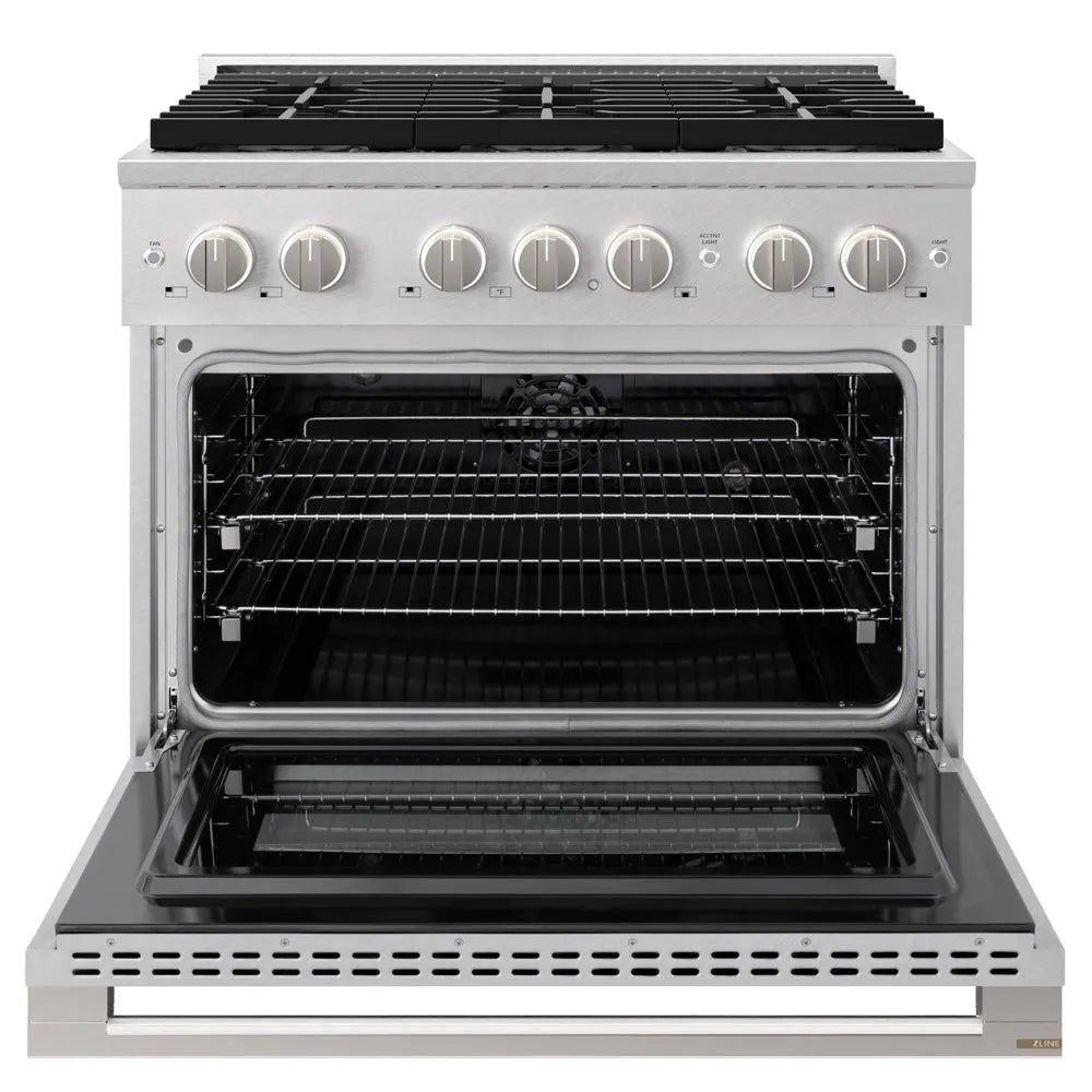 ZLINE 36 in. 5.2 cu. ft. Marino Dual Fuel Range with 6 Burner DuoPro™ Cooktop and Electric Convection Oven in Satin Stainless Steel (PMDRS-36) front, oven open.