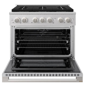 ZLINE 36 in. 5.2 cu. ft. Marino Dual Fuel Range with 6 Burner DuoPro™ Cooktop and Electric Convection Oven in Satin Stainless Steel (PMDRS-36) front, oven open.