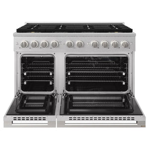 ZLINE 48 in. 6.7 cu. ft. Marino Dual Fuel Range with 8 Burner DuoPro™ Cooktop and Dual Ovens in Satin Stainless Steel (PMDRS-48) front, oven open.