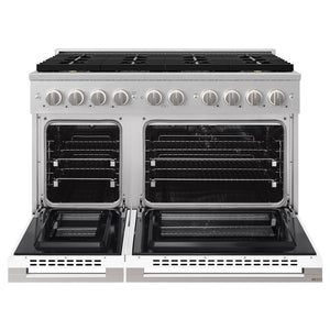 ZLINE 48 in. 6.7 cu. ft. Marino Dual Fuel Range with 8 Burner DuoPro™ Cooktop and Dual Ovens in Satin Stainless Steel with White Matte Doors (PMDRS-WM-48)