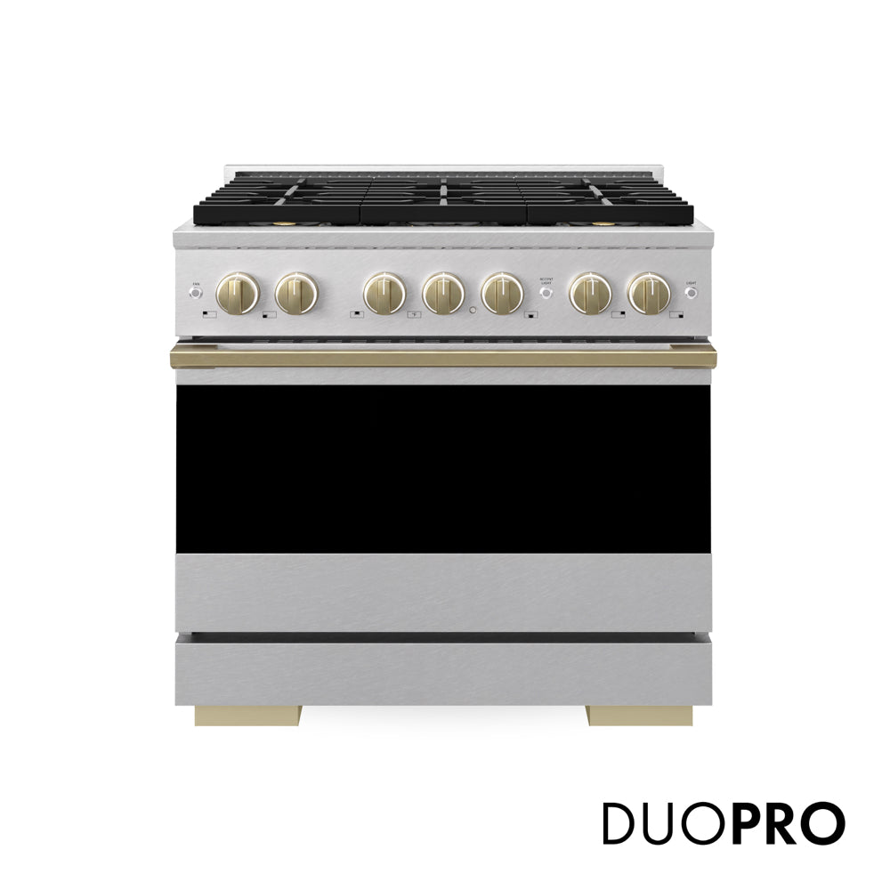 ZLINE Autograph Edition 36 in. 5.2 cu. ft. Marino Dual Fuel Range with 6 Burner DuoPro™ Cooktop and Electric Convection Oven in Satin Stainless Steel and Champagne Bronze Accents (PMDRSZ-36-CB) main image.