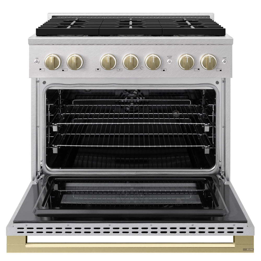 ZLINE Autograph Edition 36 in. 5.2 cu. ft. Marino Dual Fuel Range with 6 Burner DuoPro™ Cooktop and Electric Convection Oven in Satin Stainless Steel and Champagne Bronze Accents (PMDRSZ-36-CB)