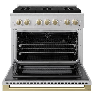 ZLINE Autograph Edition 36 in. 5.2 cu. ft. Marino Dual Fuel Range with 6 Burner DuoPro™ Cooktop and Electric Convection Oven in Satin Stainless Steel and Champagne Bronze Accents (PMDRSZ-36-CB)