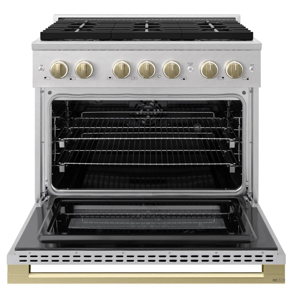 ZLINE Autograph Edition 36 in. 5.2 cu. ft. Marino Dual Fuel Range with 6 Burner DuoPro™ Cooktop and Electric Convection Oven in Satin Stainless Steel and Champagne Bronze Accents (PMDRSZ-36-CB) front, oven open.