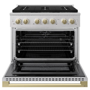 ZLINE Autograph Edition 36 in. 5.2 cu. ft. Marino Dual Fuel Range with 6 Burner DuoPro™ Cooktop and Electric Convection Oven in Satin Stainless Steel and Champagne Bronze Accents (PMDRSZ-36-CB) front, oven open.