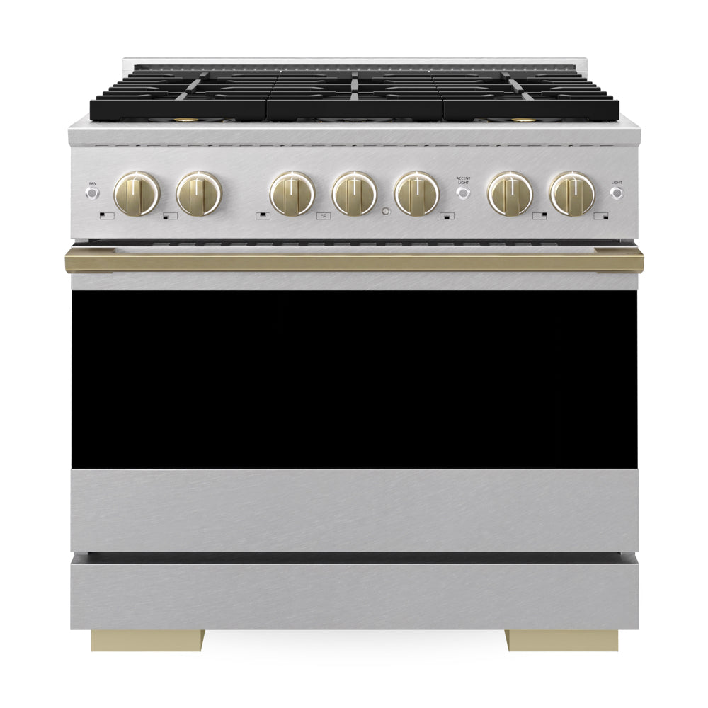 ZLINE Autograph Edition 36 in. 5.2 cu. ft. Marino Dual Fuel Range with 6 Burner DuoPro™ Cooktop and Electric Convection Oven in Satin Stainless Steel and Champagne Bronze Accents (PMDRSZ-36-CB)