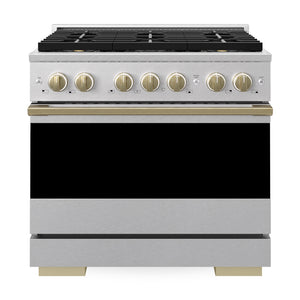 ZLINE Autograph Edition 36 in. 5.2 cu. ft. Marino Dual Fuel Range with 6 Burner DuoPro™ Cooktop and Electric Convection Oven in Satin Stainless Steel and Champagne Bronze Accents (PMDRSZ-36-CB)