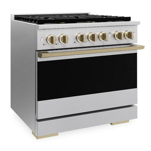ZLINE Autograph Edition 36 in. 5.2 cu. ft. Marino Dual Fuel Range with 6 Burner DuoPro™ Cooktop and Electric Convection Oven in Satin Stainless Steel and Champagne Bronze Accents (PMDRSZ-36-CB)