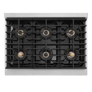 ZLINE Autograph Edition 36 in. 5.2 cu. ft. Marino Dual Fuel Range with 6 Burner DuoPro™ Cooktop and Electric Convection Oven in Satin Stainless Steel and Champagne Bronze Accents (PMDRSZ-36-CB)