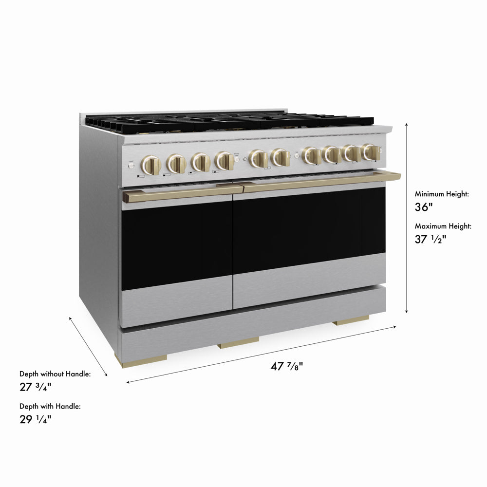 ZLINE Autograph Edition 48 in. 6.7 cu. ft. Marino Dual Fuel Range with 8 Burner DuoPro™ Cooktop and Dual Ovens in Satin Stainless Steel and Champagne Bronze Accents (PMDRSZ-48-CB)