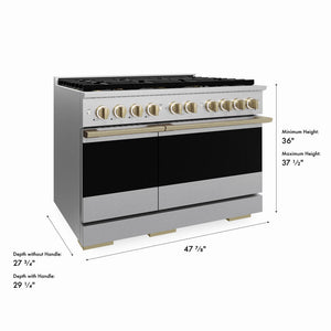 ZLINE Autograph Edition 48 in. 6.7 cu. ft. Marino Dual Fuel Range with 8 Burner DuoPro™ Cooktop and Dual Ovens in Satin Stainless Steel and Champagne Bronze Accents (PMDRSZ-48-CB)
