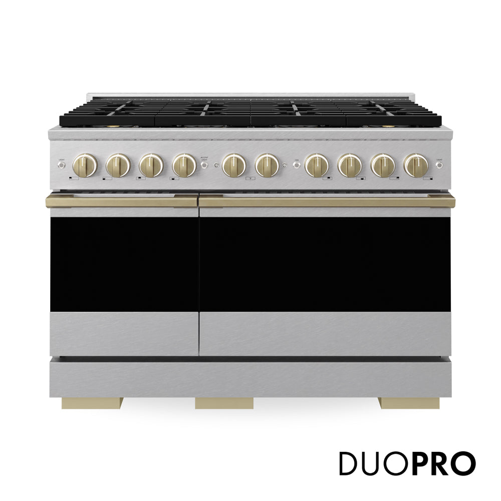 ZLINE Autograph Edition 48 in. 6.7 cu. ft. Marino Dual Fuel Range with 8 Burner DuoPro™ Cooktop and Dual Ovens in Satin Stainless Steel and Champagne Bronze Accents (PMDRSZ-48-CB) main image.