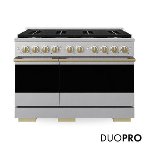 ZLINE Autograph Edition 48 in. 6.7 cu. ft. Marino Dual Fuel Range with 8 Burner DuoPro™ Cooktop and Dual Ovens in Satin Stainless Steel and Champagne Bronze Accents (PMDRSZ-48-CB) main image.