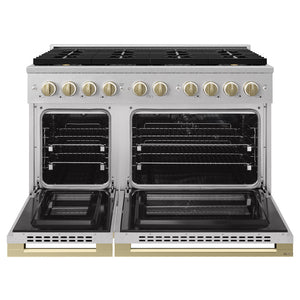 ZLINE Autograph Edition 48 in. 6.7 cu. ft. Marino Dual Fuel Range with 8 Burner DuoPro™ Cooktop and Dual Ovens in Satin Stainless Steel and Champagne Bronze Accents (PMDRSZ-48-CB)