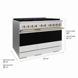 ZLINE Autograph Edition 48 in. 6.7 cu. ft. Marino Dual Fuel Range with 8 Burner DuoPro™ Cooktop and Dual Ovens in Satin Stainless Steel with White Matte Doors and Champagne Bronze Accents (PMDRSZ-WM-48-CB)