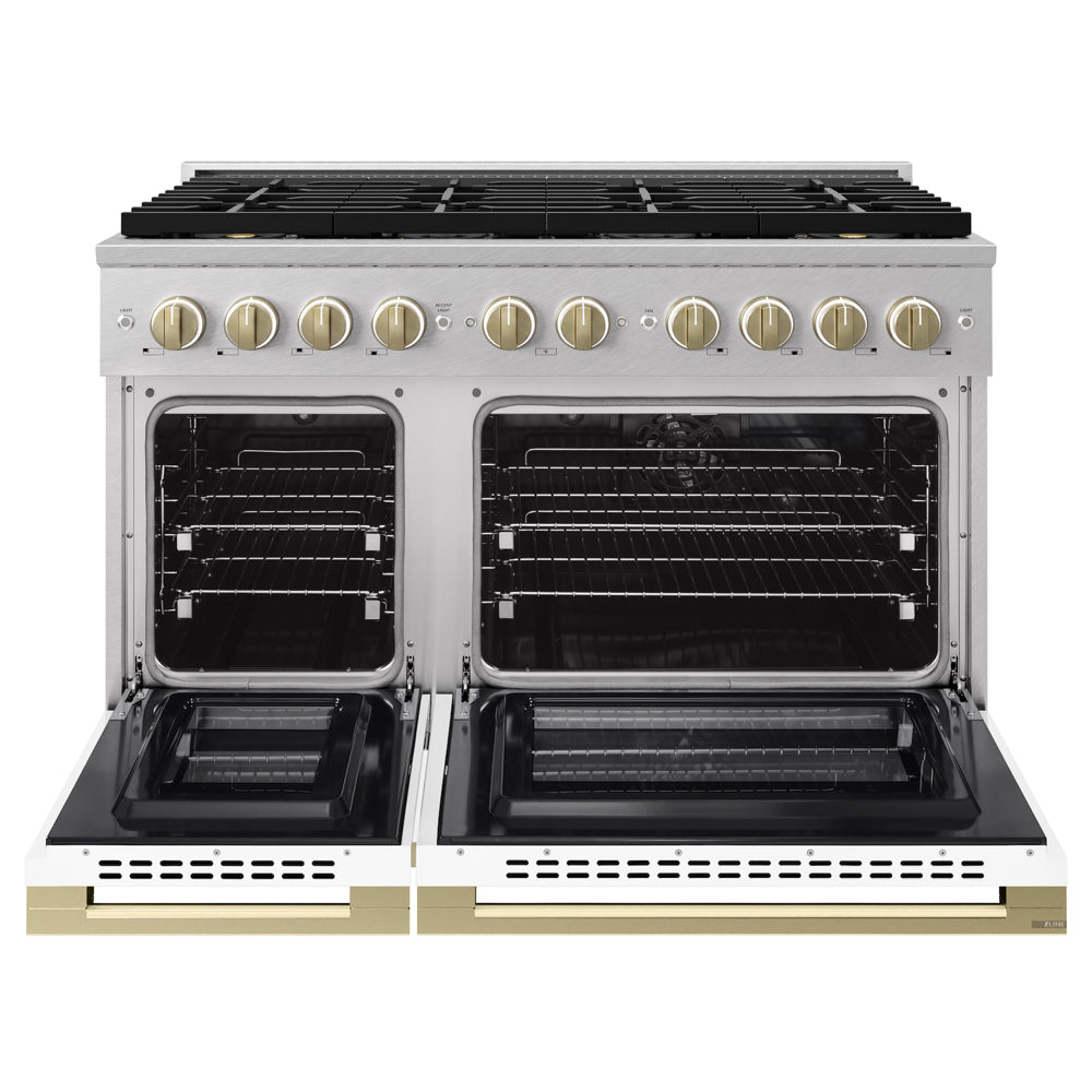 ZLINE Autograph Edition 48 in. 6.7 cu. ft. Marino Dual Fuel Range with 8 Burner DuoPro™ Cooktop and Dual Ovens in Satin Stainless Steel with White Matte Doors and Champagne Bronze Accents (PMDRSZ-WM-48-CB)
