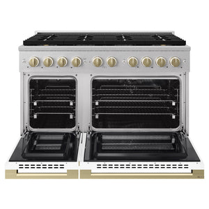 ZLINE Autograph Edition 48 in. 6.7 cu. ft. Marino Dual Fuel Range with 8 Burner DuoPro™ Cooktop and Dual Ovens in Satin Stainless Steel with White Matte Doors and Champagne Bronze Accents (PMDRSZ-WM-48-CB)