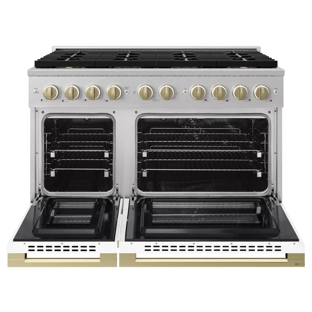 ZLINE Autograph Edition 48 in. 6.7 cu. ft. Marino Dual Fuel Range with 8 Burner DuoPro™ Cooktop and Dual Ovens in Satin Stainless Steel with White Matte Doors and Champagne Bronze Accents (PMDRSZ-WM-48-CB) front, oven open.