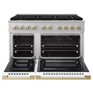ZLINE Autograph Edition 48 in. 6.7 cu. ft. Marino Dual Fuel Range with 8 Burner DuoPro™ Cooktop and Dual Ovens in Satin Stainless Steel with White Matte Doors and Champagne Bronze Accents (PMDRSZ-WM-48-CB) front, oven open.