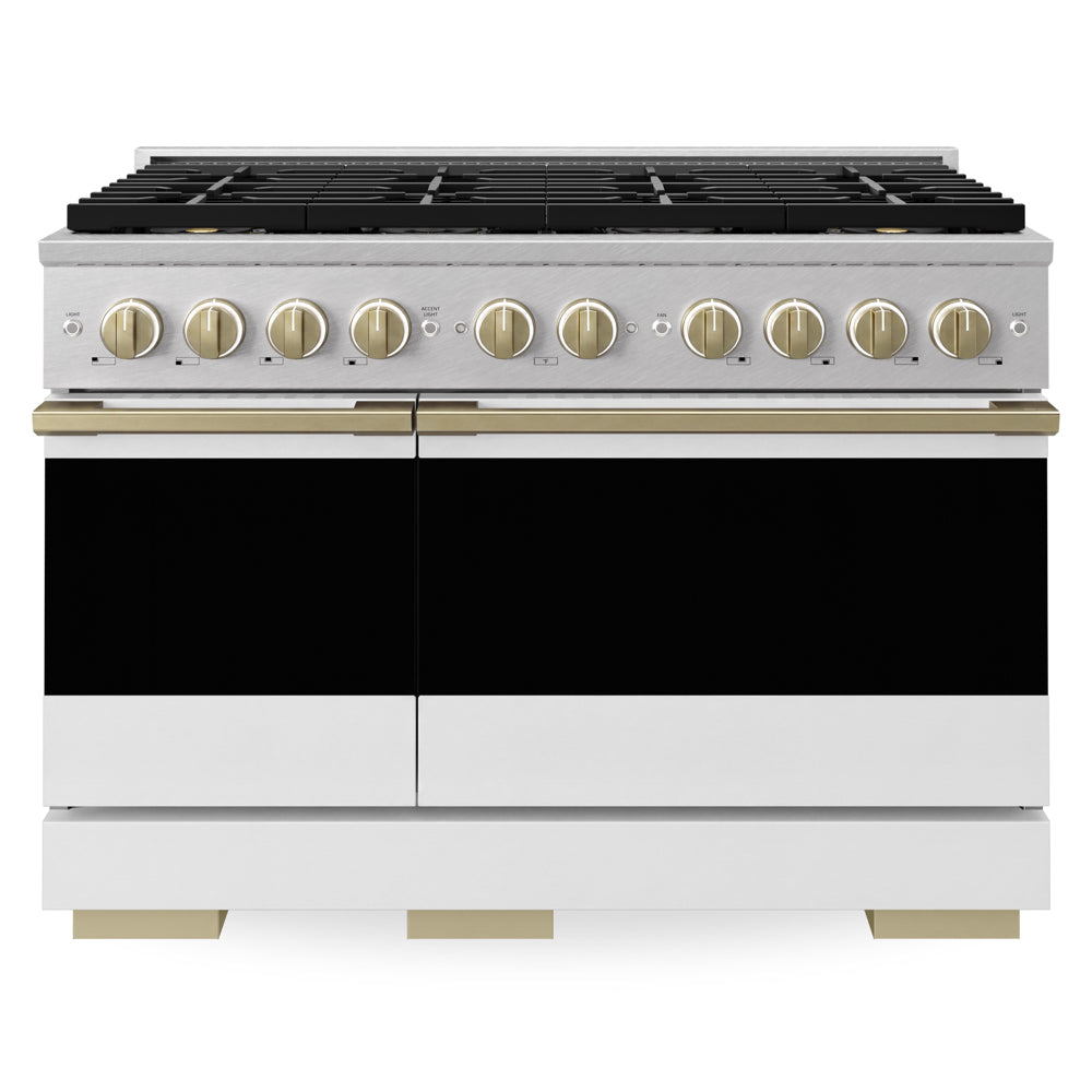 ZLINE Autograph Edition 48 in. 6.7 cu. ft. Marino Dual Fuel Range with 8 Burner DuoPro™ Cooktop and Dual Ovens in Satin Stainless Steel with White Matte Doors and Champagne Bronze Accents (PMDRSZ-WM-48-CB)