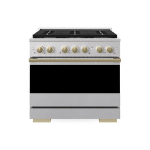ZLINE Autograph Edition 36 in. 5.2 cu. ft. Marino Dual Fuel Range with 6 Burner Gas Cooktop and Electric Convection Oven in Satin Stainless Steel with Champagne Bronze Accents (MDRSZ-36-CB)