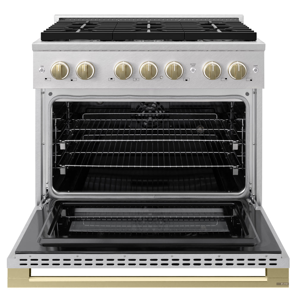 ZLINE Autograph Edition 36 in. 5.2 cu. ft. Marino Dual Fuel Range with 6 Burner Gas Cooktop and Electric Convection Oven in Satin Stainless Steel with Champagne Bronze Accents (MDRSZ-36-CB)