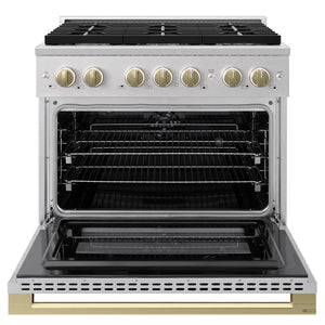 ZLINE Autograph Edition 36 in. 5.2 cu. ft. Marino Dual Fuel Range with 6 Burner Gas Cooktop and Electric Convection Oven in Satin Stainless Steel with Champagne Bronze Accents (MDRSZ-36-CB)