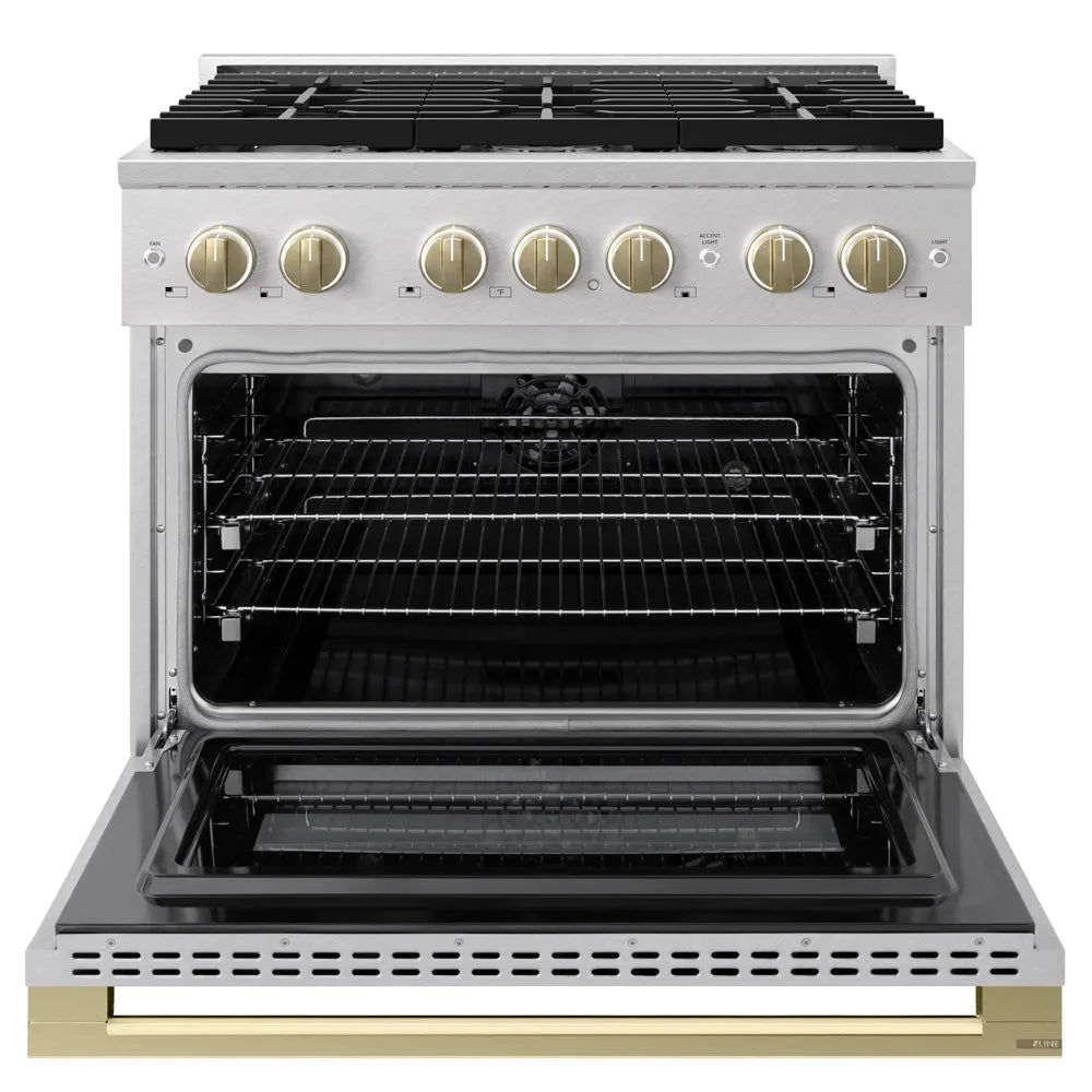 ZLINE Autograph Edition 36 in. 5.2 cu. ft. Marino Dual Fuel Range with 6 Burner Gas Cooktop and Electric Convection Oven in Satin Stainless Steel with Champagne Bronze Accents (MDRSZ-36-CB) front, oven open.