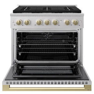 ZLINE Autograph Edition 36 in. 5.2 cu. ft. Marino Dual Fuel Range with 6 Burner Gas Cooktop and Electric Convection Oven in Satin Stainless Steel with Champagne Bronze Accents (MDRSZ-36-CB) front, oven open.