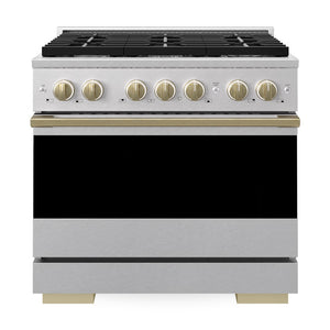 ZLINE Autograph Edition 36 in. 5.2 cu. ft. Marino Dual Fuel Range with 6 Burner Gas Cooktop and Electric Convection Oven in Satin Stainless Steel with Champagne Bronze Accents (MDRSZ-36-CB)