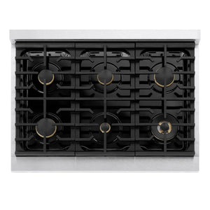 ZLINE Autograph Edition 36 in. 5.2 cu. ft. Marino Dual Fuel Range with 6 Burner Gas Cooktop and Electric Convection Oven in Satin Stainless Steel with Champagne Bronze Accents (MDRSZ-36-CB) top-down, above cooking surface.