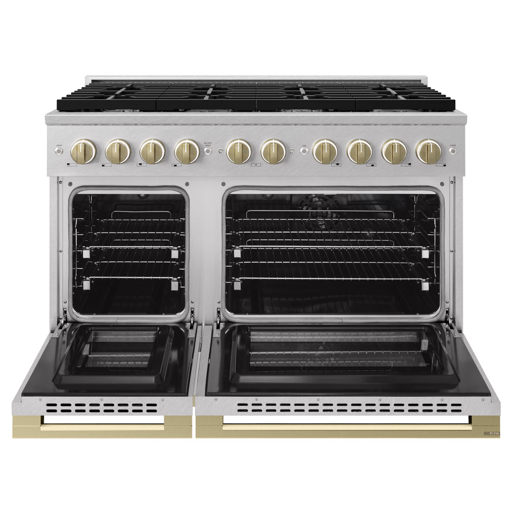 ZLINE Autograph Edition 48 in. 6.7 cu. ft. Marino Double Oven Dual Fuel Range with 8 Burner Gas Cooktop in Satin Stainless Steel and Champagne Bronze Accents (MDRSZ-48-CB)