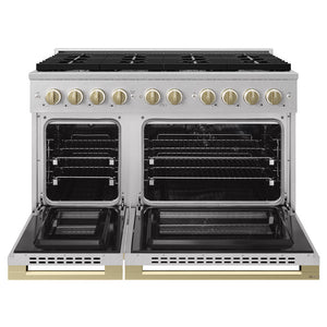 ZLINE Autograph Edition 48 in. 6.7 cu. ft. Marino Double Oven Dual Fuel Range with 8 Burner Gas Cooktop in Satin Stainless Steel and Champagne Bronze Accents (MDRSZ-48-CB)