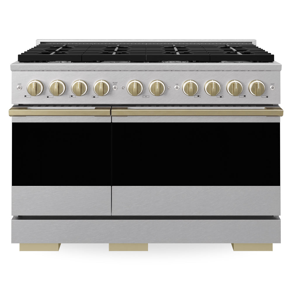 ZLINE Autograph Edition 48 in. 6.7 cu. ft. Marino Double Oven Dual Fuel Range with 8 Burner Gas Cooktop in Satin Stainless Steel and Champagne Bronze Accents (MDRSZ-48-CB)