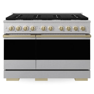 ZLINE Autograph Edition 48 in. 6.7 cu. ft. Marino Double Oven Dual Fuel Range with 8 Burner Gas Cooktop in Satin Stainless Steel and Champagne Bronze Accents (MDRSZ-48-CB)