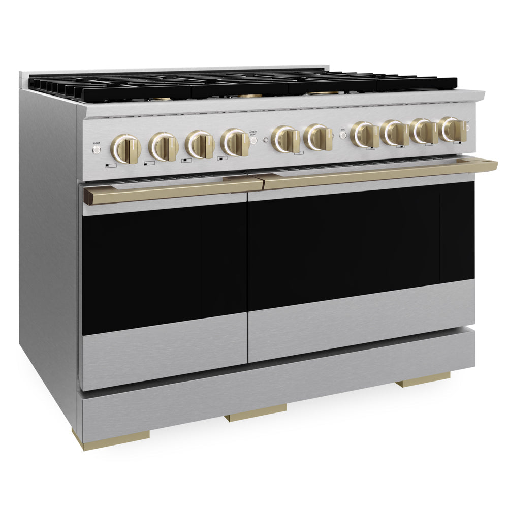 ZLINE Autograph Edition 48 in. 6.7 cu. ft. Marino Double Oven Dual Fuel Range with 8 Burner Gas Cooktop in Satin Stainless Steel and Champagne Bronze Accents (MDRSZ-48-CB)