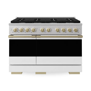 ZLINE Autograph Edition 48 in. 6.7 cu. ft. Marino Double Oven Dual Fuel Range with 8 Burner Gas Cooktop in Satin Stainless Steel with White Matte Doors and Champagne Bronze Accents (MDRSZ-WM-48-CB)