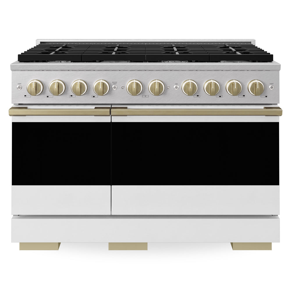 ZLINE Autograph Edition 48 in. 6.7 cu. ft. Marino Double Oven Dual Fuel Range with 8 Burner Gas Cooktop in Satin Stainless Steel with White Matte Doors and Champagne Bronze Accents (MDRSZ-WM-48-CB)