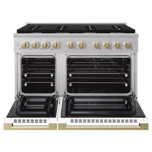 ZLINE Autograph Edition 48 in. 6.7 cu. ft. Marino Double Oven Dual Fuel Range with 8 Burner Gas Cooktop in Satin Stainless Steel with White Matte Doors and Champagne Bronze Accents (MDRSZ-WM-48-CB)