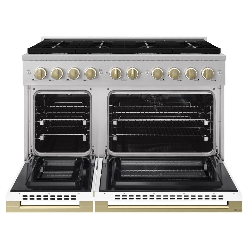 ZLINE Autograph Edition 48 in. 6.7 cu. ft. Marino Double Oven Dual Fuel Range with 8 Burner Gas Cooktop in Satin Stainless Steel with White Matte Doors and Champagne Bronze Accents (MDRSZ-WM-48-CB) front, oven open.