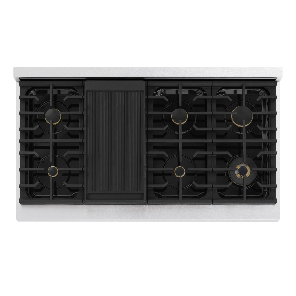 ZLINE Autograph Edition 48 in. 6.7 cu. ft. Marino Double Oven Dual Fuel Range with 8 Burner Gas Cooktop in Satin Stainless Steel with White Matte Doors and Champagne Bronze Accents (MDRSZ-WM-48-CB)