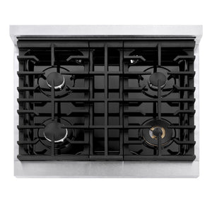 ZLINE 30 in. 4.2 cu. ft. Marino Gas Range with 4 Burner Cooktop and Convection Gas Oven in Satin Stainless Steel (MGRS-30) top-down, above cooking surface.