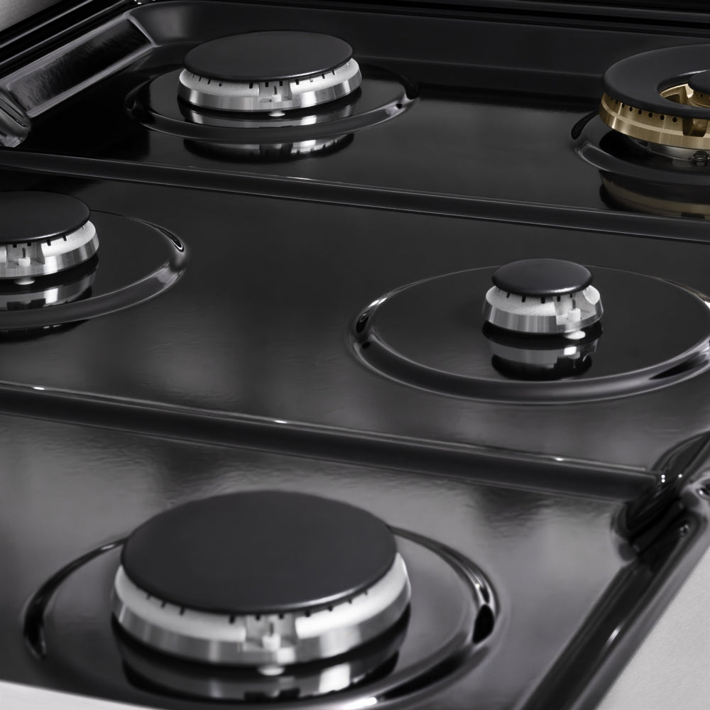 ZLINE 36 in. 5.2 cu. ft. Marino Gas Range with 6 Burner Cooktop and Convection Gas Oven in Satin Stainless Steel (MGRS-36) close-up, black porcelain cooktop without grates.