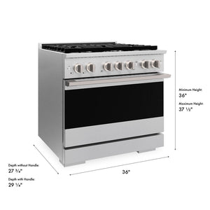 ZLINE 36 in. 5.2 cu. ft. Marino Gas Range with 6 Burner Cooktop and Convection Gas Oven in Satin Stainless Steel (MGRS-36) with dimensions labeled.