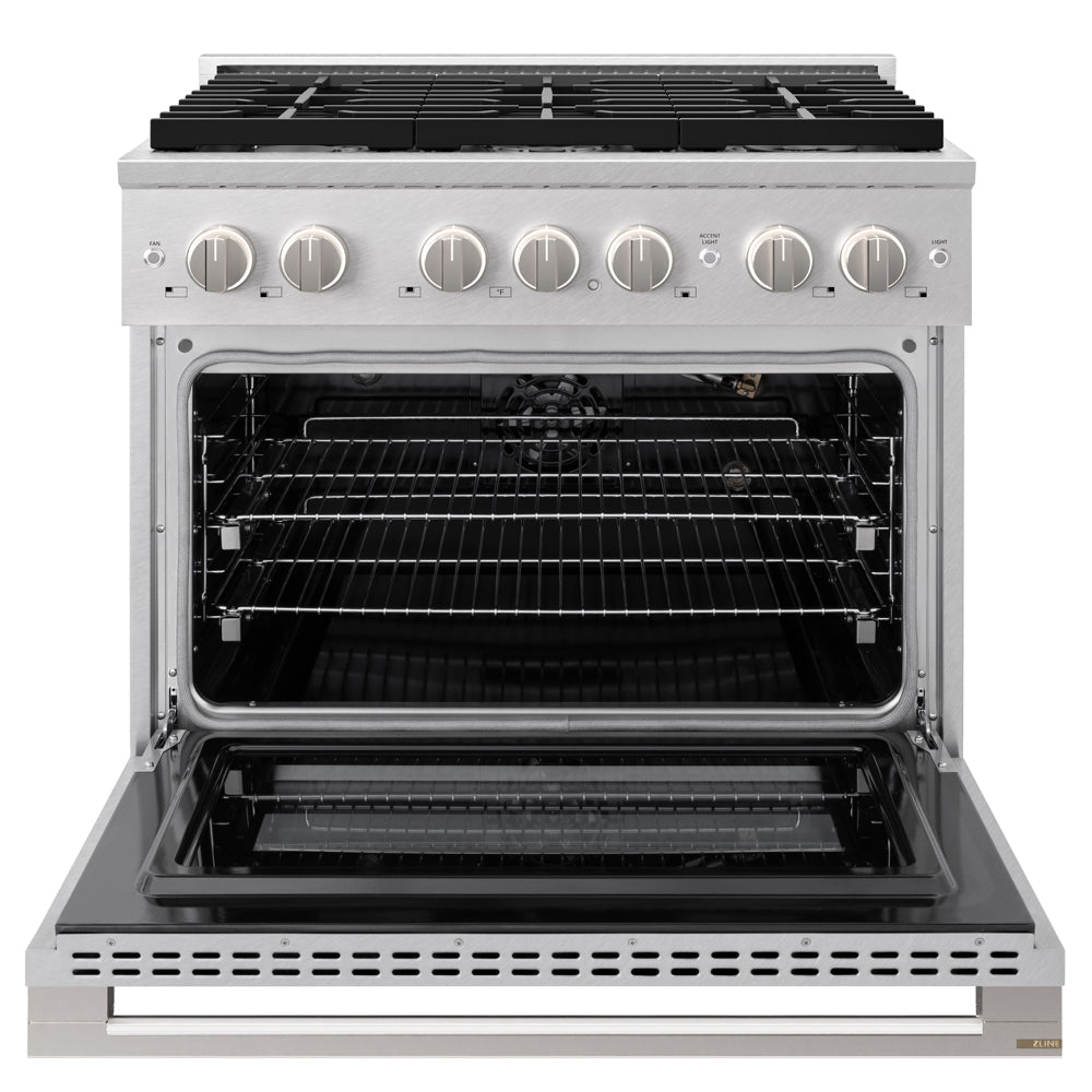 ZLINE 36 in. 5.2 cu. ft. Marino Gas Range with 6 Burner Cooktop and Convection Gas Oven in Satin Stainless Steel (MGRS-36) front, oven open.